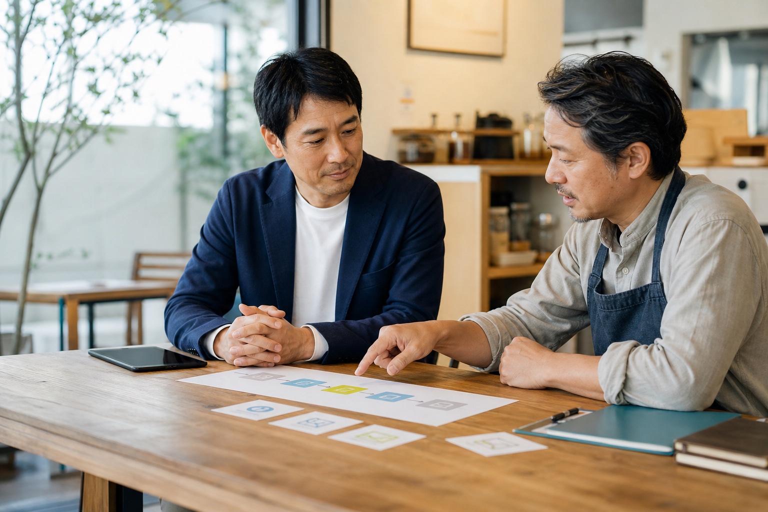 店舗オーナーと業務の流れを確認し、最初の取り組みを整理するコンサルタント