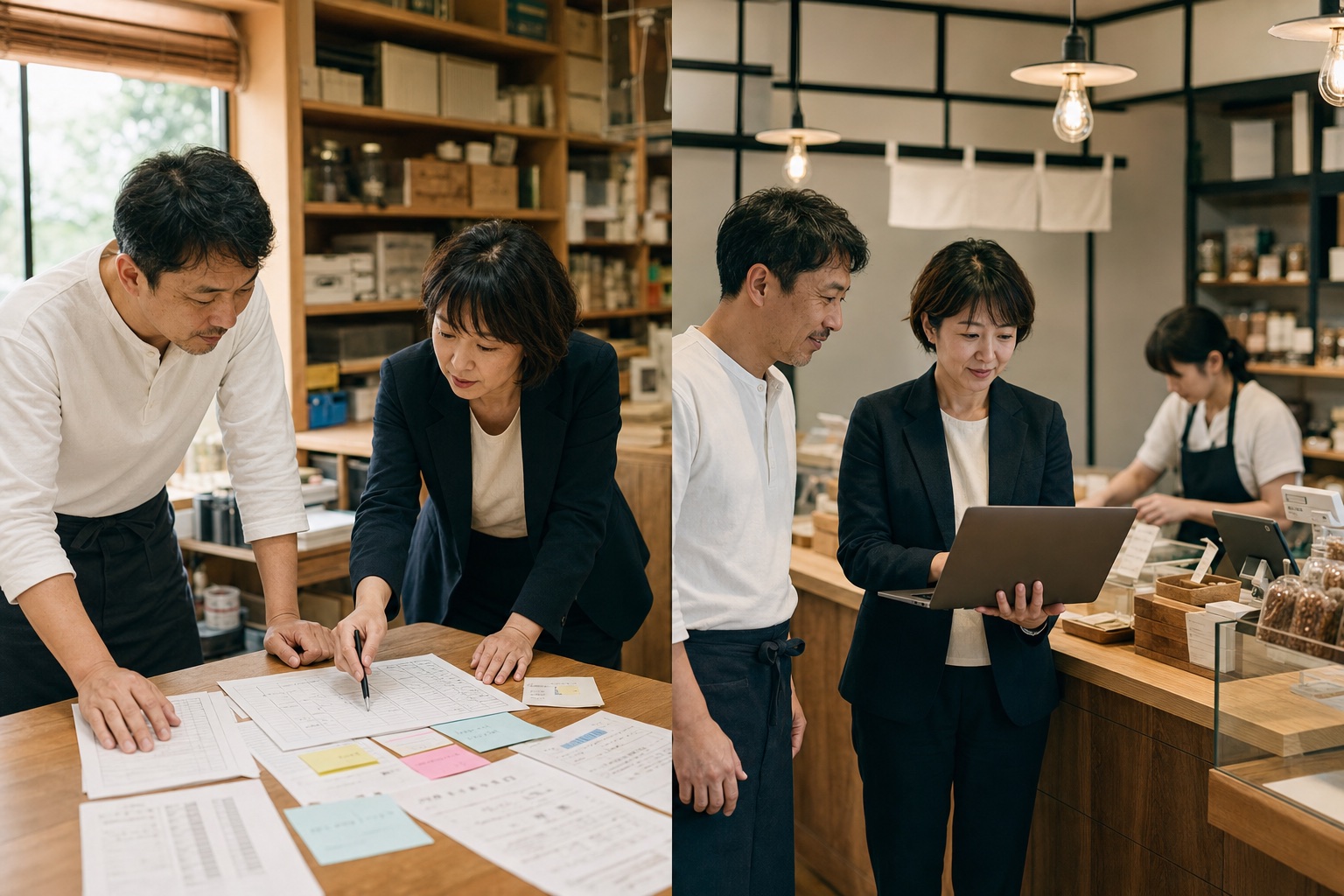 店舗の紙資料と付箋を広げて業務の流れを整理する様子