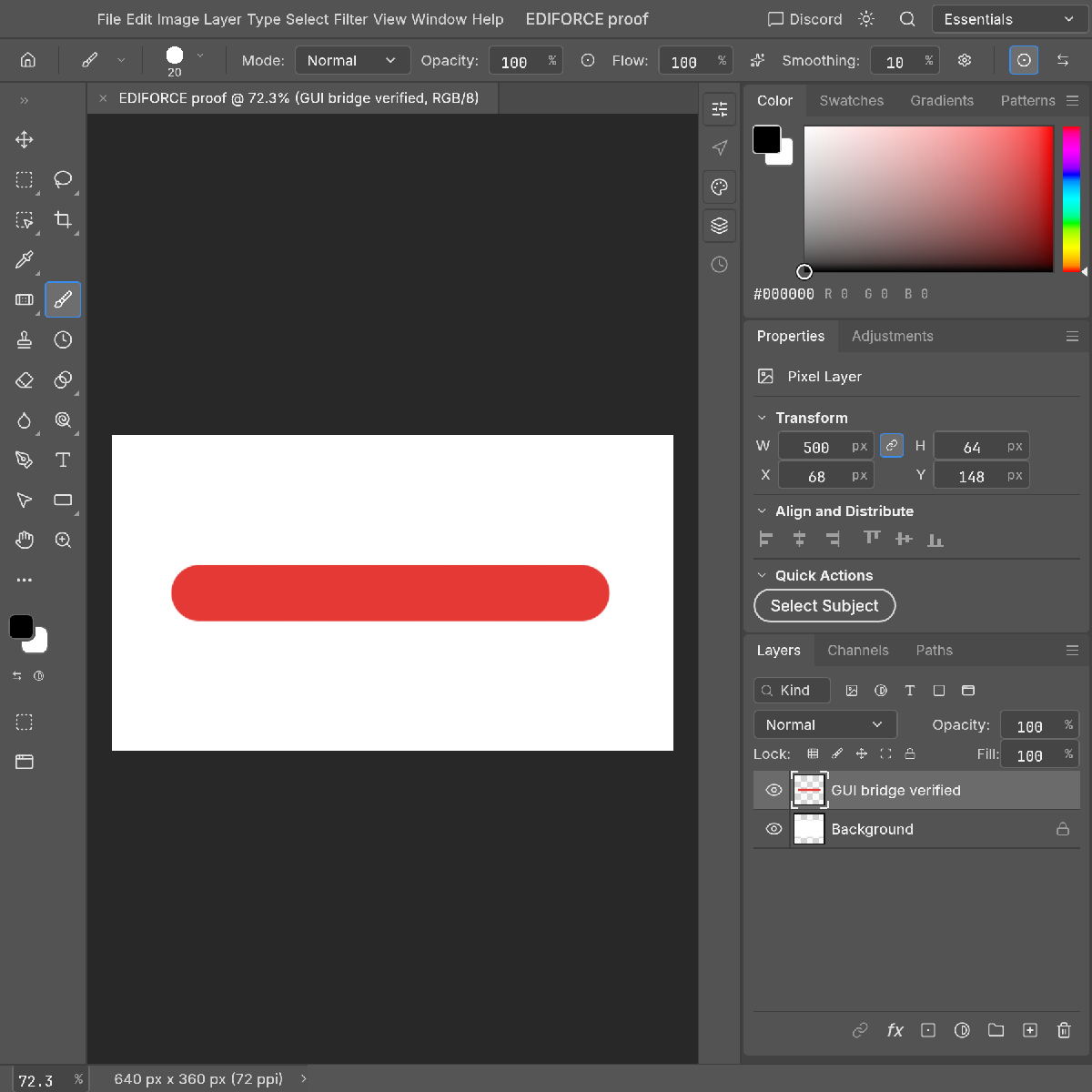 PhotoCraftの実画面。赤いstrokeのレイヤー名がGUI bridge verifiedになり、背景レイヤーと合わせて二つのレイヤーが見える。保存先パスは遮蔽。