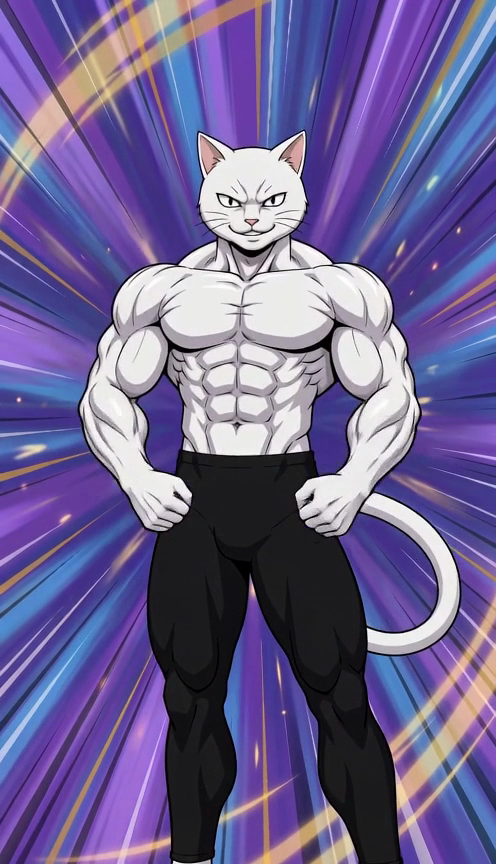 紫色の光を背に立つ、筋肉質な白猫マッスルにゃんたん