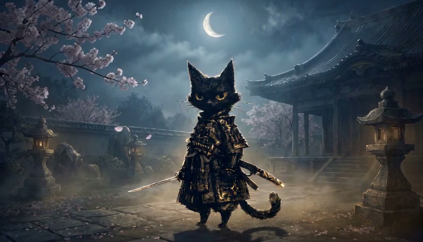 三日月と桜の庭に立つ、黒い甲冑と金色の瞳の黒猫侍・にゃん九郎