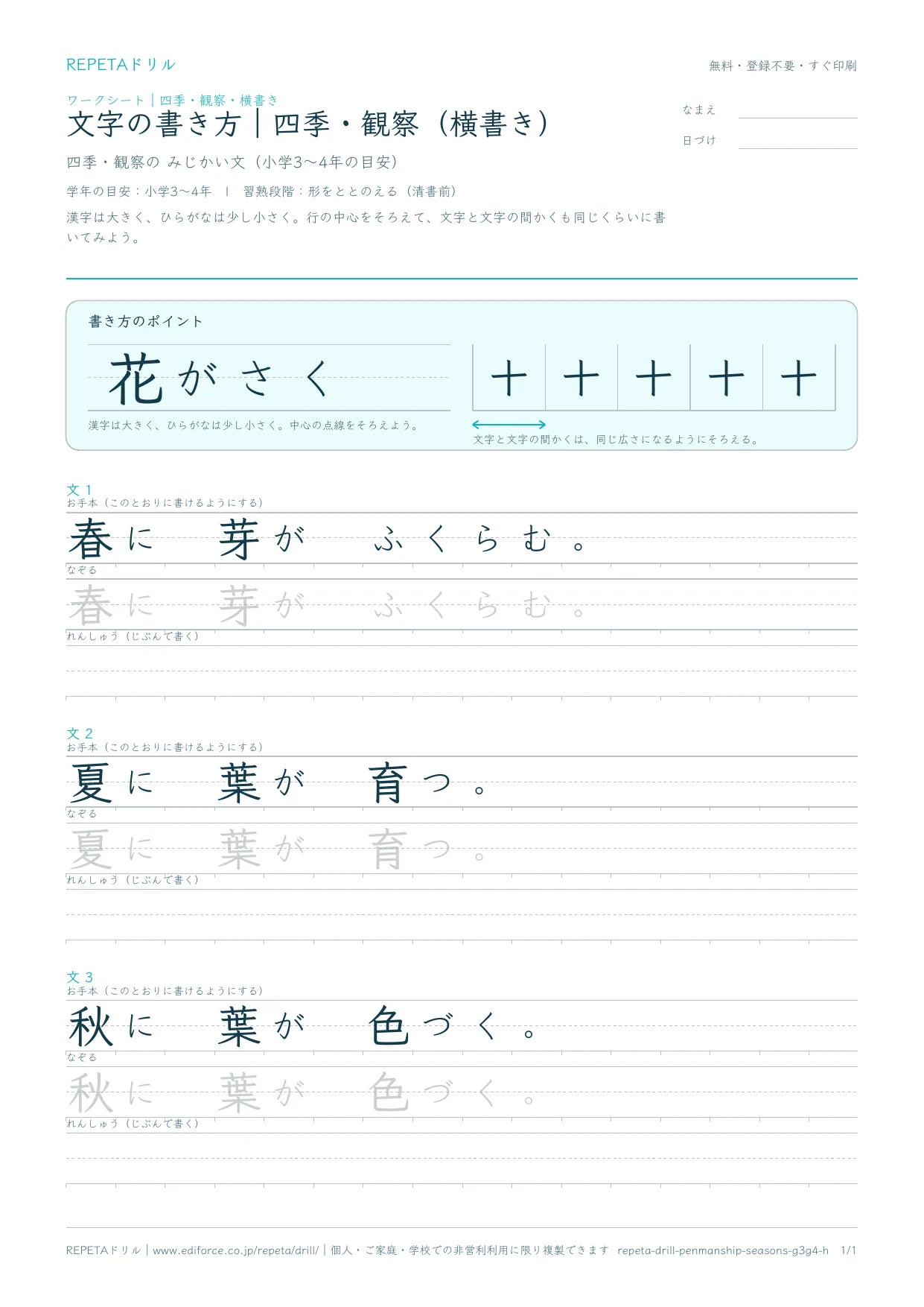 文字の書き方｜四季・観察（横書き）のプリント紙面プレビュー。芽や葉の変化を題材にした3つの短文のお手本・なぞり書き・れんしゅう欄が横方向に並ぶレイアウト