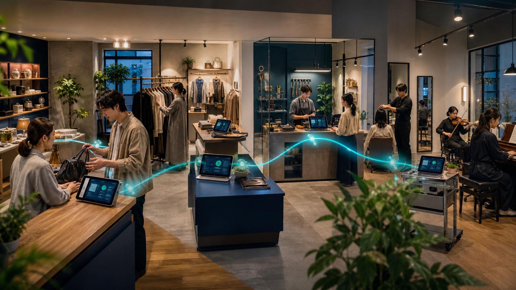 専門小売、修理受付、サロン、教室など複数の店舗業態が共通基盤でつながるイメージ