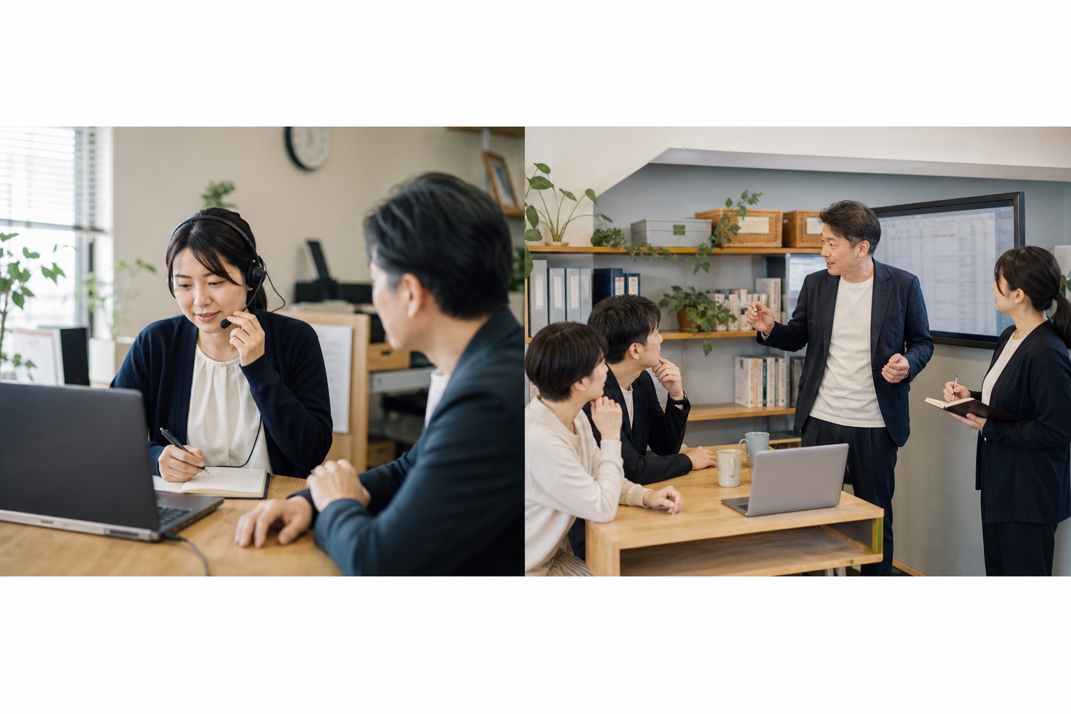 小規模なオフィスで担当者が顧客の話を聞きながら対応内容を記録する様子