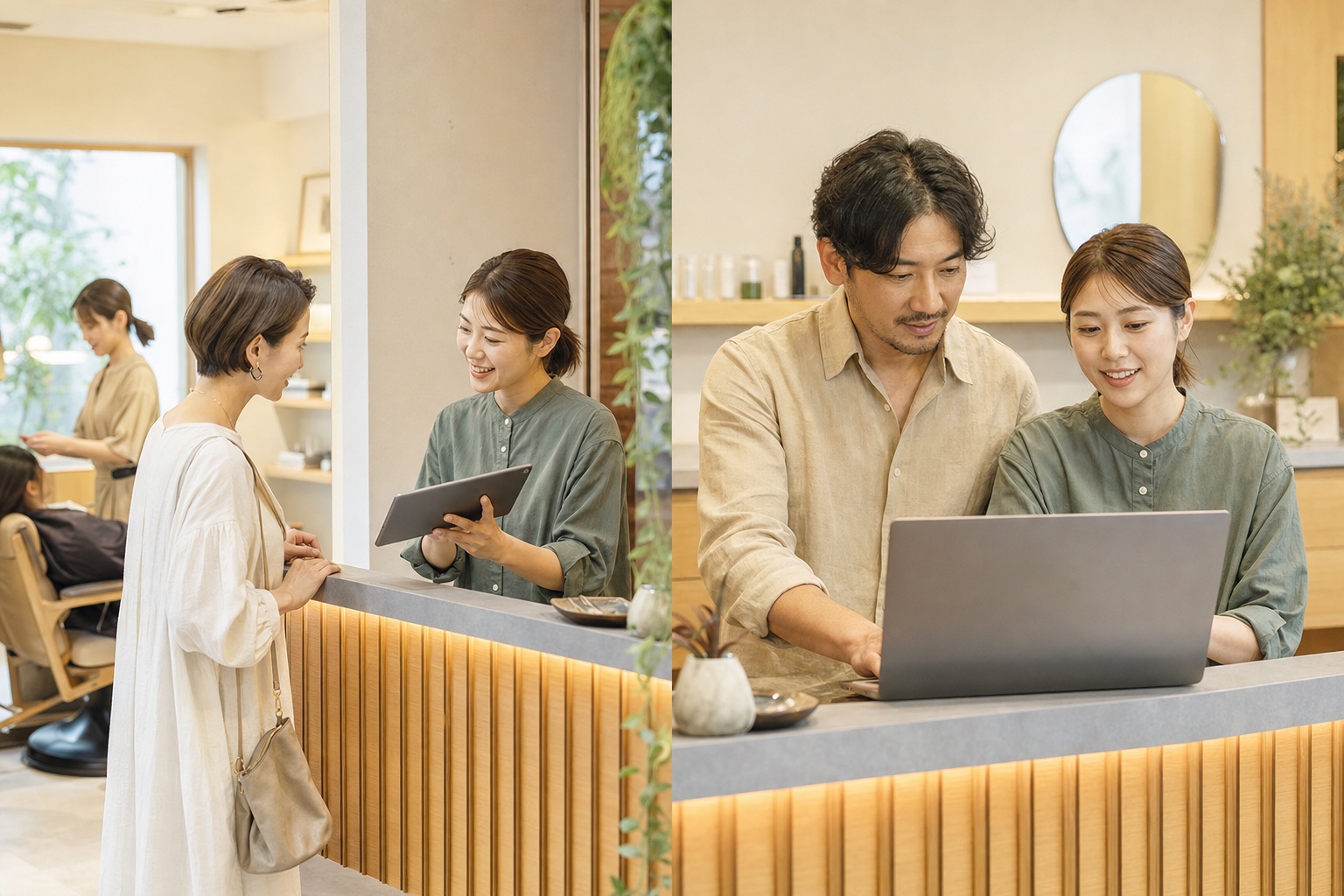 美容サロンの受付でスタッフがタブレットを使って来店客を案内する様子