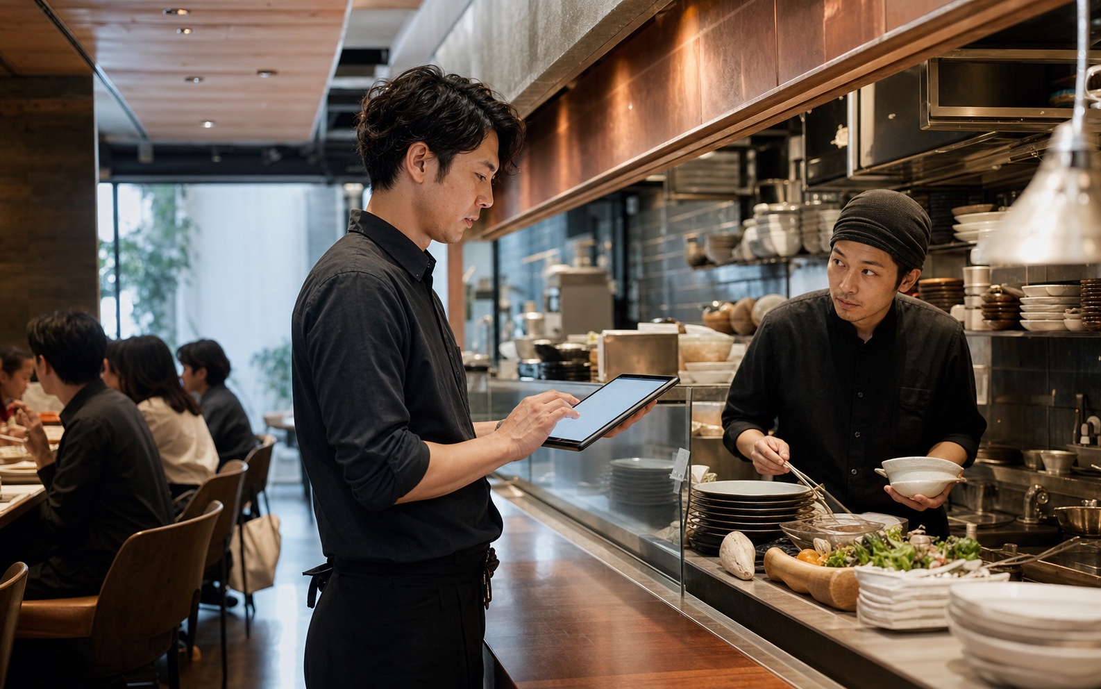 タブレットで注文状況を厨房と共有する飲食店スタッフ