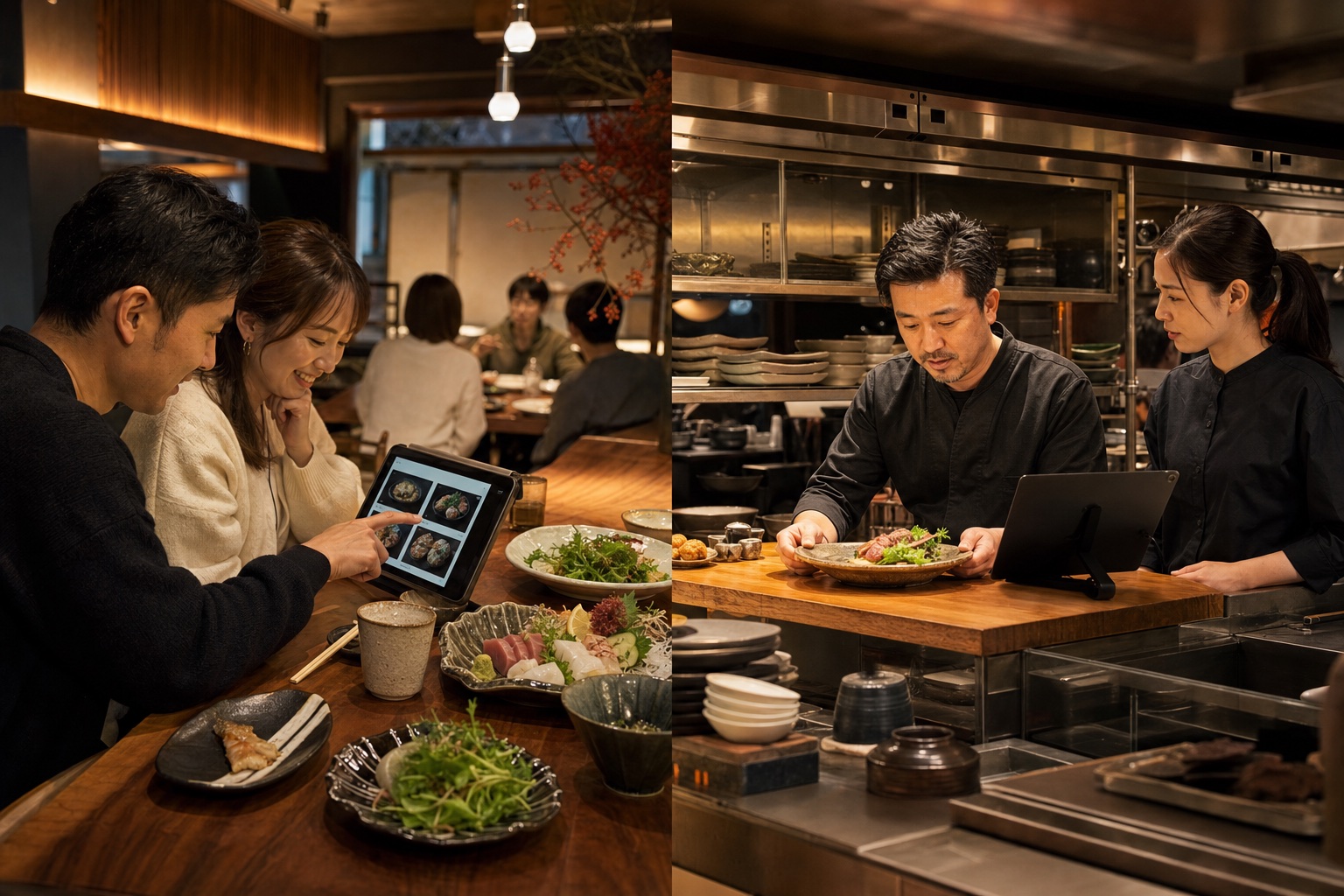 飲食店でお客様が料理写真を見ながらタブレットで注文する様子
